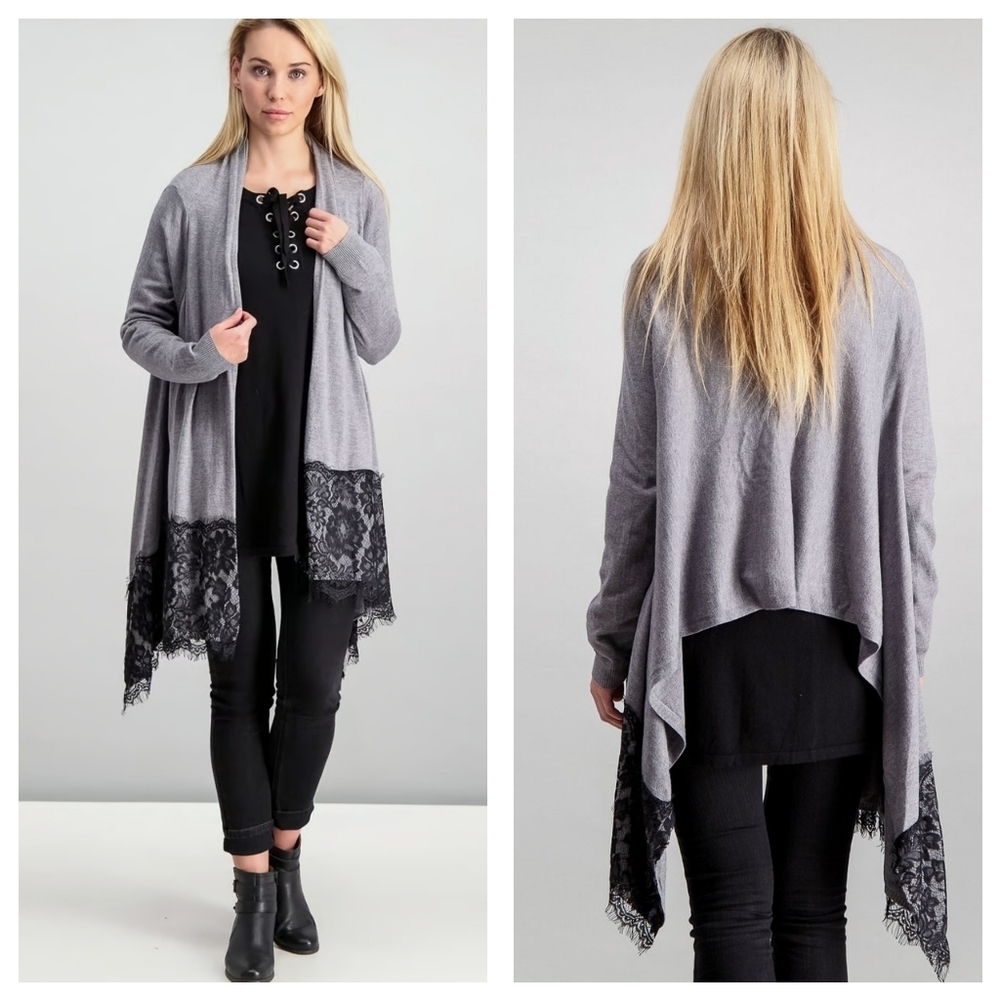 SIONI Gray Black Lace Wool Blend Open Front Cardigan Sz L Lagenlook Minimalist